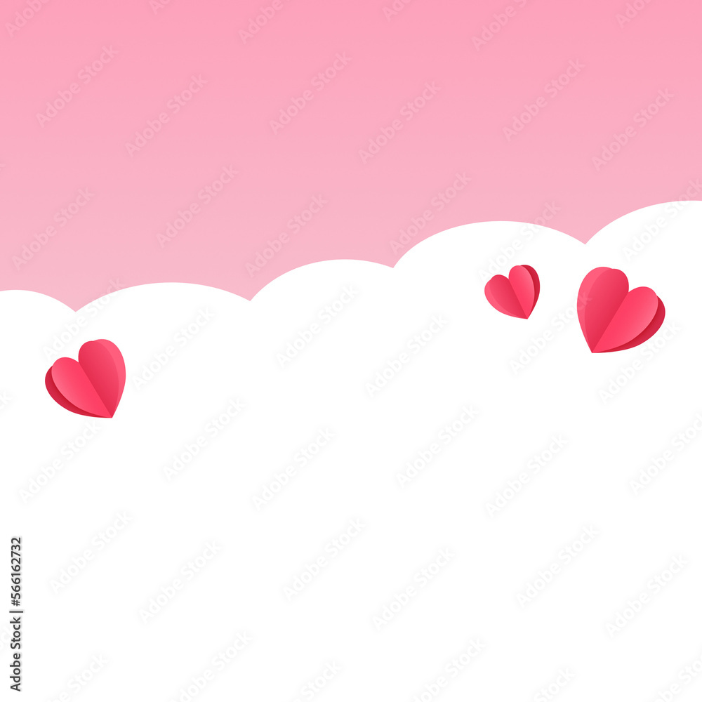 Pink Valentine’s day paper cut style background with hearts and clouds