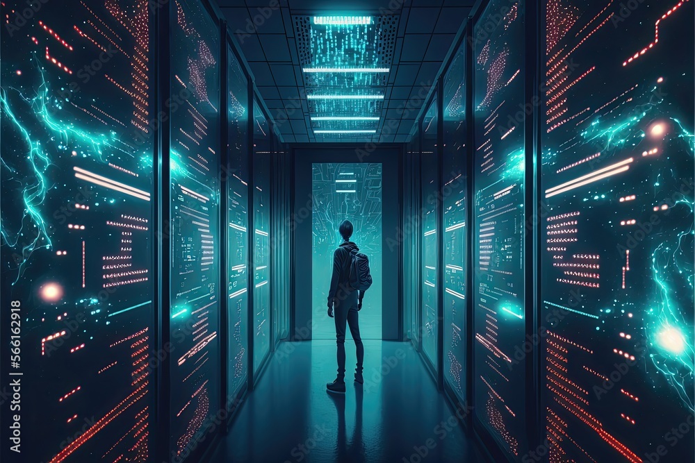 A computer network or server room with a person. Generative AI A computer network or server room with a person. Generative AI