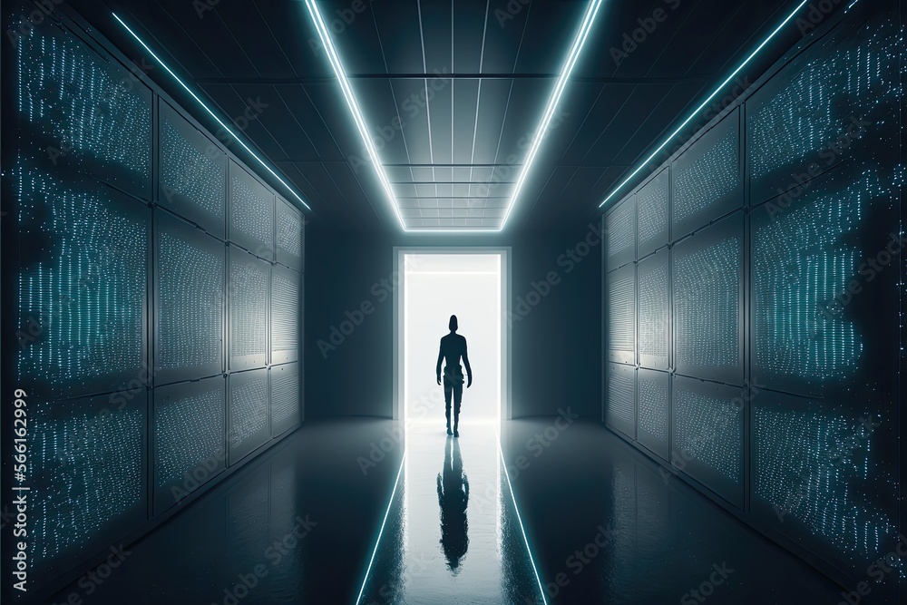 A computer network or server room with a person. Generative AI A computer network or server room with a person. Generative AI