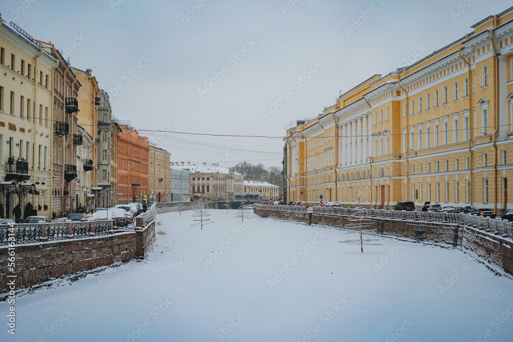 Moyka river embankment on winter day.