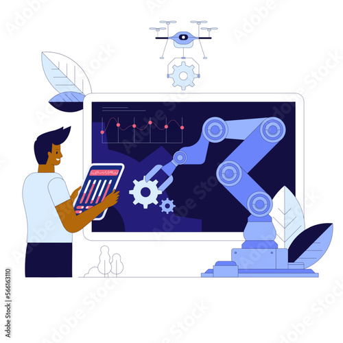 Automation business process vector illustration. Company strategy. Work organization. Project management, software development. Automated business system concept with robot arms and gears