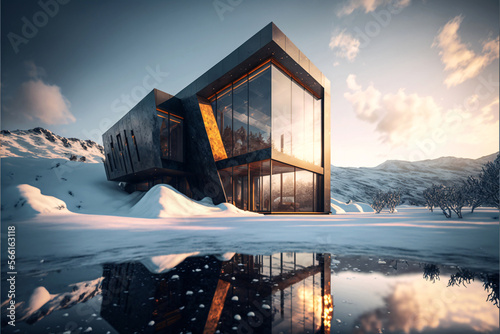 Huge design villa made of black concrete in winter landscape with mountain. Designed usinge generative ai. photo