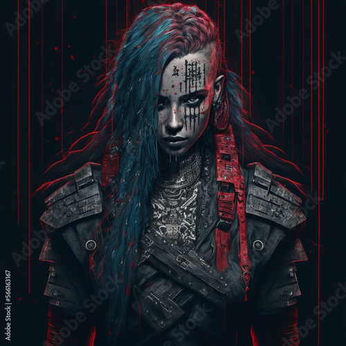 female gothic cyberpunk with red and blue hair, generative ai