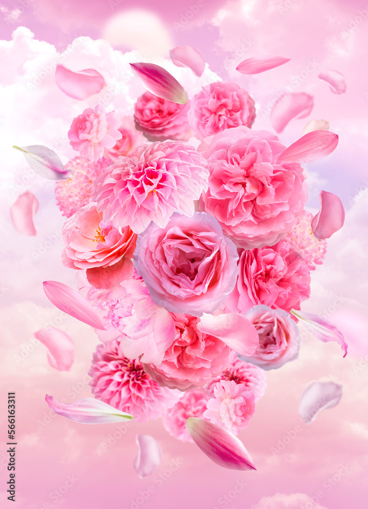 pink flowers and molecule on pink background pink flowers and molecule on pink background