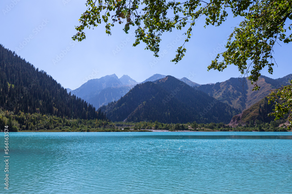 Unusually beautiful turquoise lake Issyk in the mountains of Kazakhstan