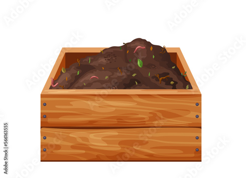 Organic soil heap for compost in wooden box, garden recycling natural garbage. Earth worms and biodegradable trash. Vector illustration