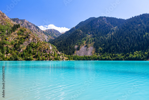 Unusually beautiful blue lake Issyk in the mountains of Kazakhstan photo