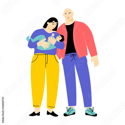 Parents with their baby.  Young traditional family. Mother holding her infant kid. Happy motherhood and parenthood. Vector flat illustration