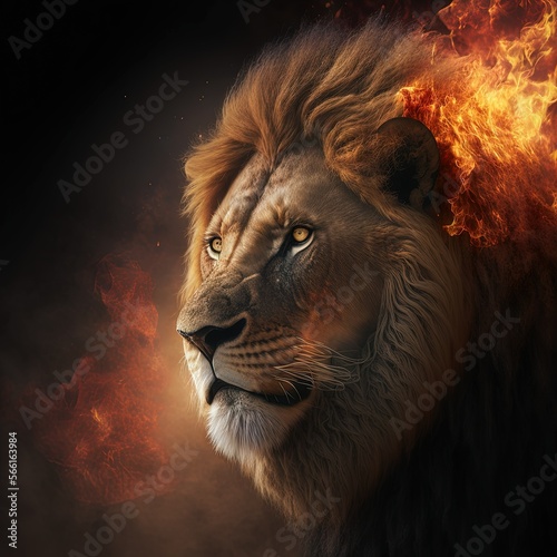 realistic fire lion photorealistic focus on you fantastic background Generative AI