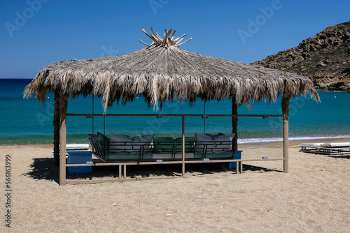 View of a giant luxury sun bed at the Papas beach in Ios Greece