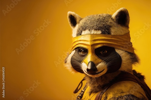 Humorous raccoon with a band, masked raccoon on yellow background. Generative AI