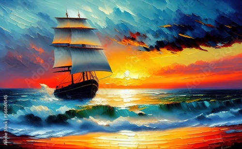 Seascape, ship on the waves, sunset, oil painting