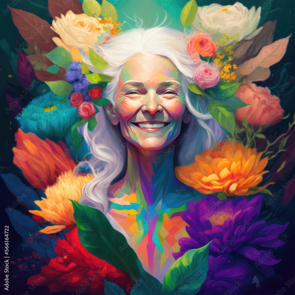 Illustration of a Happy senior woman with white hair surrounded by nature, flowers and leaves in sunlight. Created with generative AI.