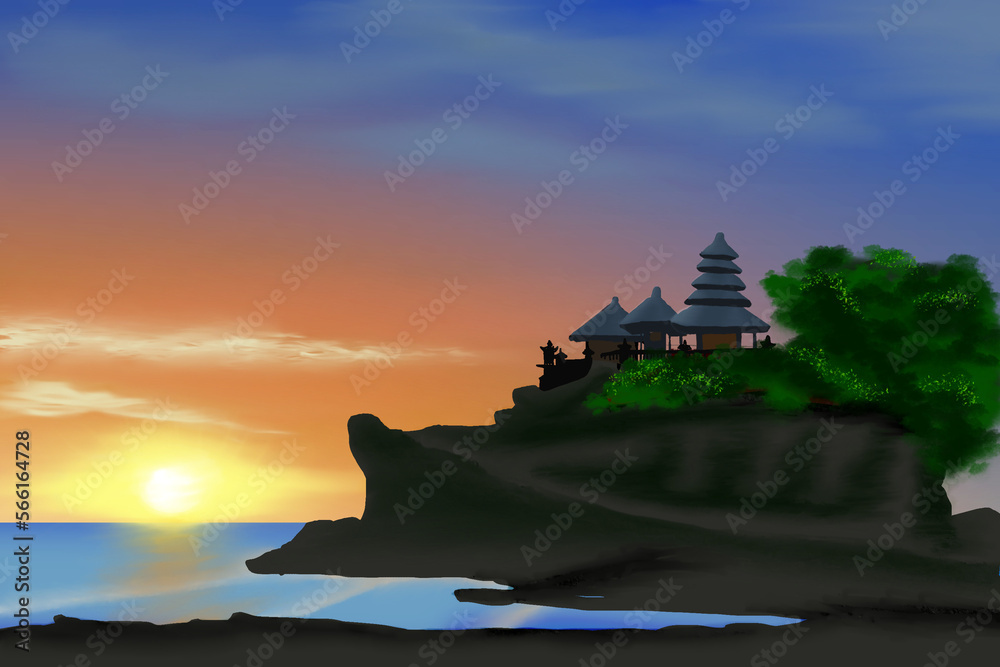sunset at tanah lot temple illustration