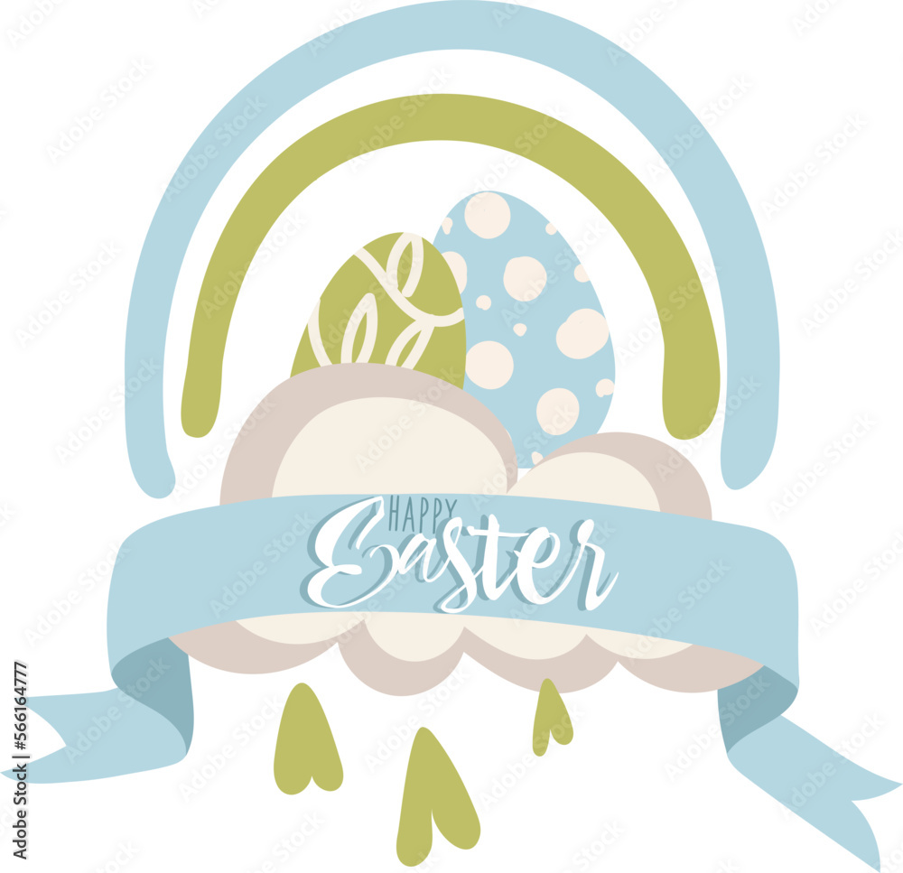 Fototapeta premium Easter postcard with Easter eggs with a rainbow on a cloud and a ribbon with text. Holiday covers, posters, banners, greeting cards. Cartoon flat vector illustration isolated on white background