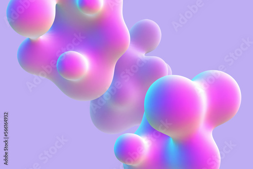 3D abstract liquid bubbles on purple background. Concept of future science: floating morphing spheres, molecular elements or nanoparticles. Fluid pink shapes in motion EPS 10, vector illustration.