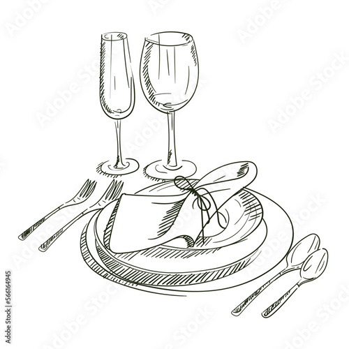 A hand-drawn sketch of a dinner service for a wedding ceremony. Preparation for the wedding ceremony. Plates, champagne glasses, knife, spoon, fork, napkin, wine glass. Serving. On a white background