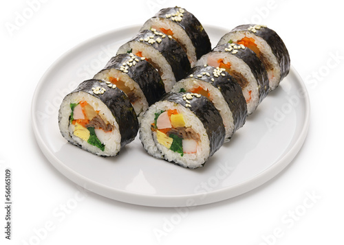 Gimbap is a Korean food consisting of rice and several ingredients seasoned with sesame oil and wrapped in nori seaweed.