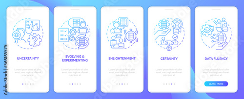 ICT literacy levels blue gradient onboarding mobile app screen. Employment walkthrough 5 steps graphic instructions with linear concepts. UI, UX, GUI template. Myriad Pro-Bold, Regular fonts used
