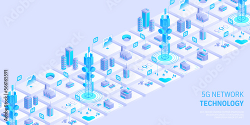 5g network technology concept. Wireless mobile telecommunication service. City buildings with telecommunication towers. Marketing website landing template. Isometric vector illustration.