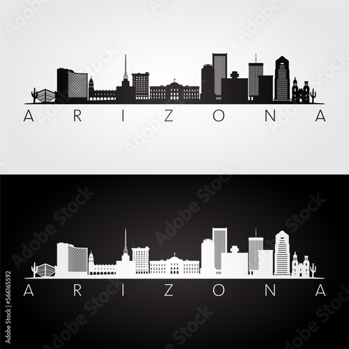 Arizona state skyline and landmarks silhouette, black and white design. Vector illustration.