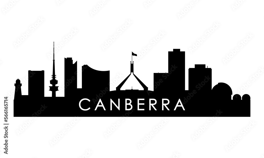 Canberra skyline silhouette. Black Canberra city design isolated on white background.