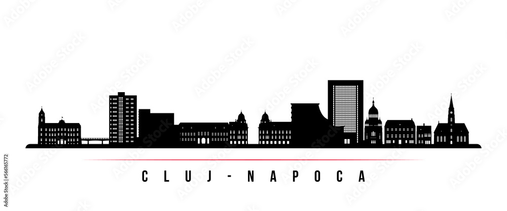 Cluj-Napoca skyline horizontal banner. Black and white silhouette of Cluj-Napoca, Romania. Vector template for your design.