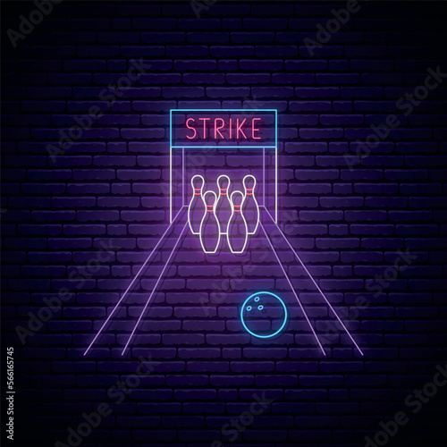 Neon Bowling strike sign. Glowing skittles and ball in retro neon style. Night light signboard. Vector illustration
