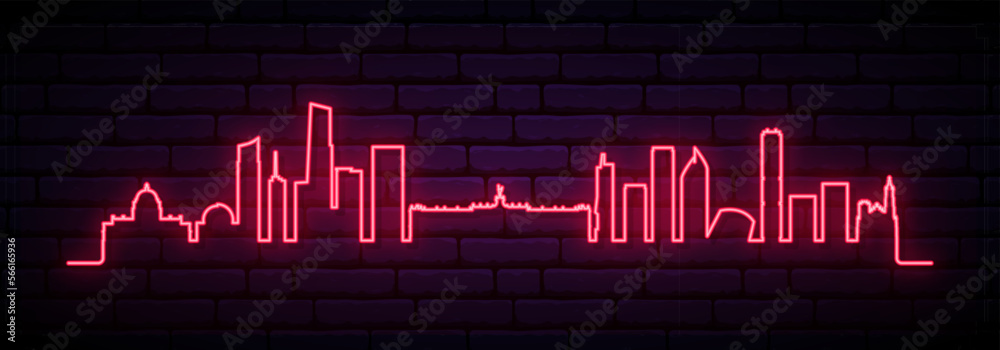Obraz premium Red neon skyline of Monterrey. Bright Monterrey City long banner. Vector illustration.