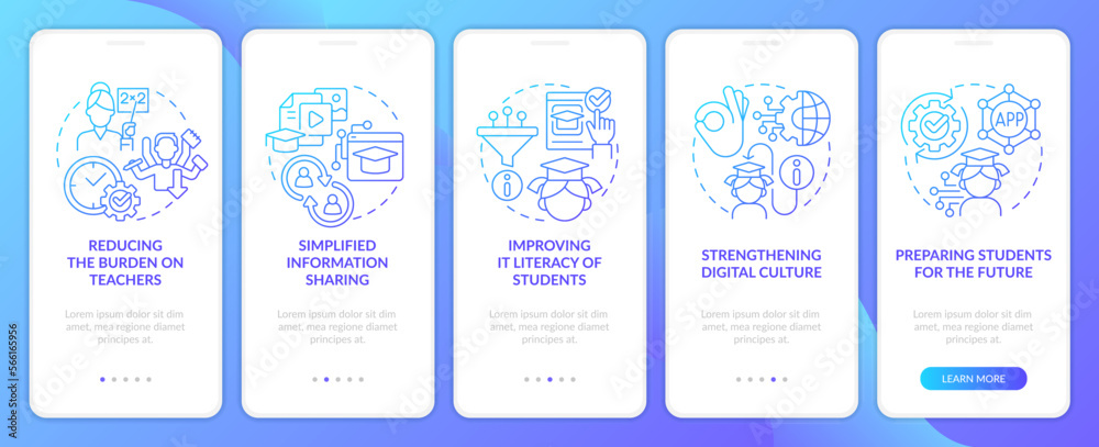 ICT benefits in education blue gradient onboarding mobile app screen. Studying walkthrough 5 steps graphic instructions with linear concepts. UI, UX, GUI template. Myriad Pro-Bold, Regular fonts used
