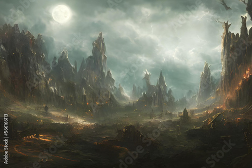 dark fantasy mountain landscape. dark fantasy concept. dark fantasy valley. AI generated. Dark atmosphere. dark fantasy atmosphere. creepy atmosphere. Fantasy concept. Fantasy. Mountain fortress.