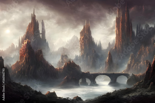 dark fantasy landscape. Cloudy high fantasy landscape. Dark fantasy mountain landscape. dark fantasy art. fantasy art. dark fantasy concept. fantasy bridge landscape. AI generated.