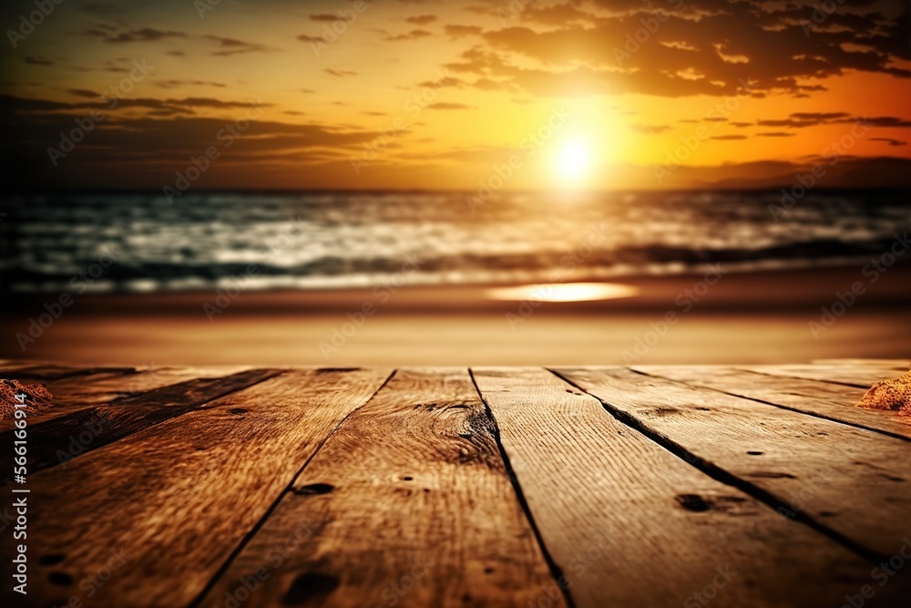 wooden floor with blurred sunset beach on the background travel concept design 