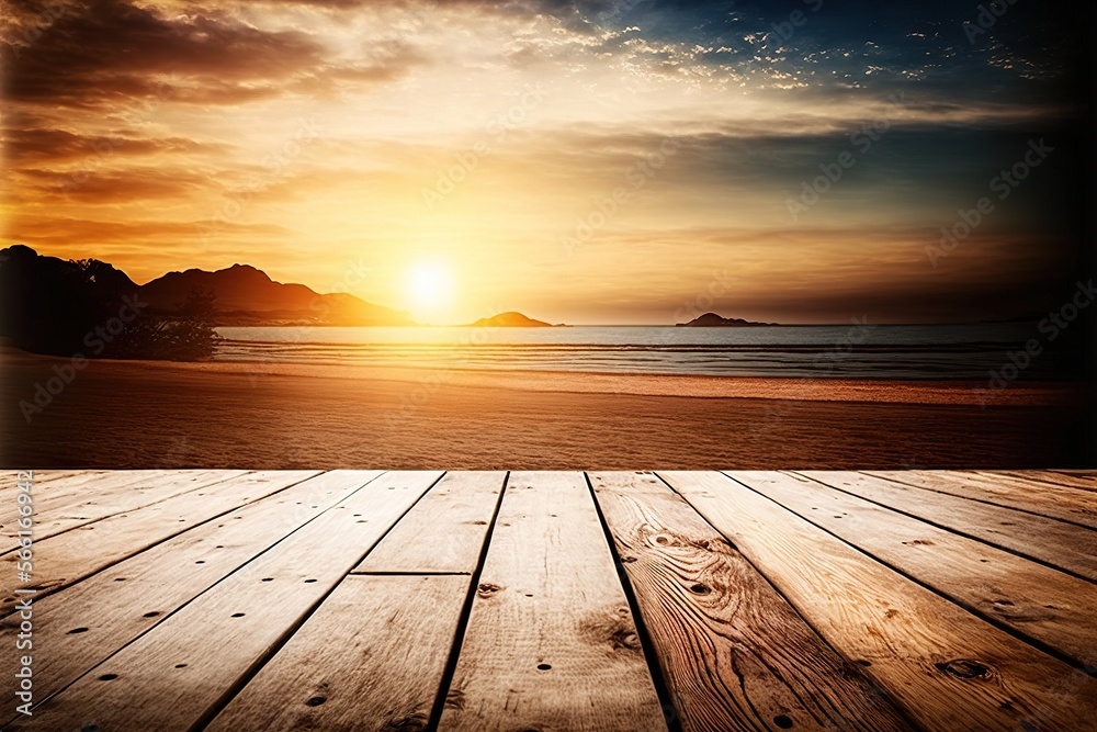 wooden floor with blurred sunset beach on the background travel concept design 