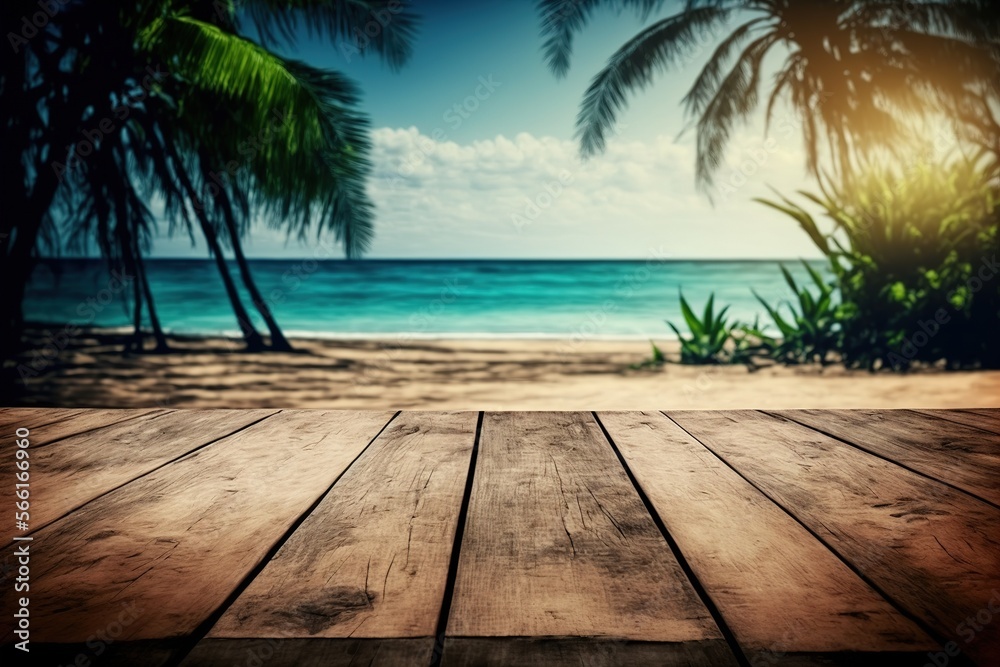 wooden floor with blurred tropical beach on the background travel concept design