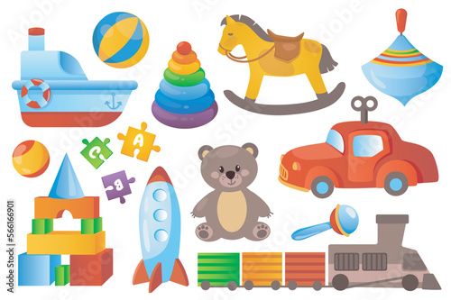 Kid toys set graphic elements in flat design. Bundle of ship, ball, children pyramid, horse, spinning top, clockwork machine, puzzle, teddy bear, rattle and other. Vector illustration isolated objects