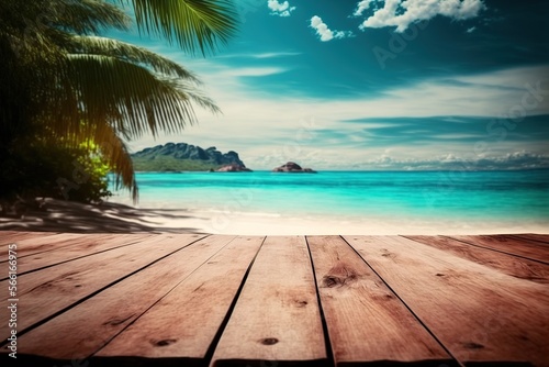 wooden floor with blurred tropical beach on the background travel concept design