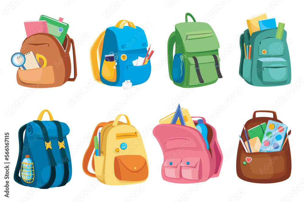 School bags set graphic elements in flat design. Bundle of different schoolbags, backpacks and rucksacks with books, notepads and stationery for pupil or student. Vector illustration isolated objects - obrazy, fototapety, plakaty 