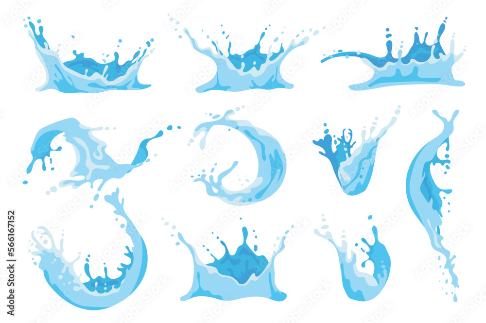 Water splash set graphic elements in flat design. Bundle of different curl waves of liquid flow, pure splashing swirl aqua motion, crown with spray droplets. Vector illustration isolated objects Water splash set graphic elements in flat design. Bundle of different curl waves of liquid flow, pure splashing swirl aqua motion, crown with spray droplets. Vector illustration isolated objects