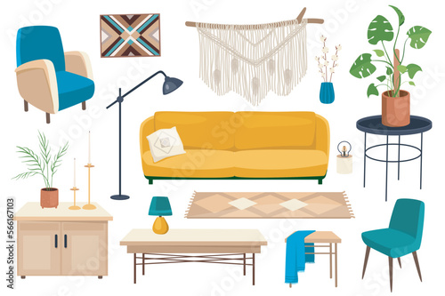 Living room interior set graphic elements in flat design. Bundle of sofa, armchair, macrame decor, houseplant, coffee table, candles, chair, floor lamp and other. Vector illustration isolated objects