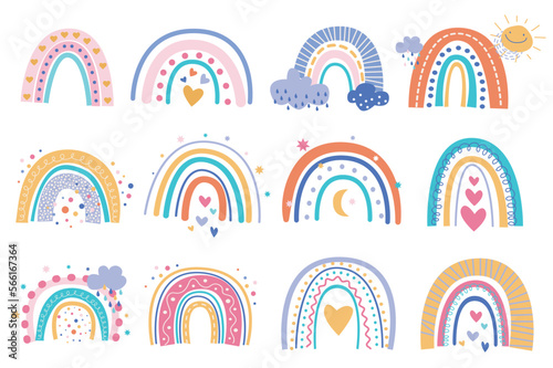 Cute abstract rainbows set graphic elements in flat design. Bundle of different rainbows with hearts, clouds, sun and other decor in boho or scandinavian style. Vector illustration isolated objects
