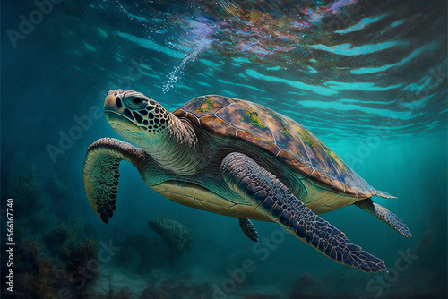 Turtle swimming underwater, in the sea/ocean. Generative AI  © Tijana