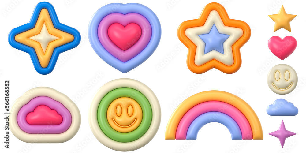 Set of groovy colorful stickers. Stars, heart, smile, cloud, rainbow. Inflated elements with the plasticine effect. 3d rendering illustration. - obrazy, fototapety, plakaty 
