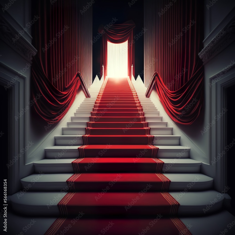 Fototapeta premium red carpet on the stairs in the building high interior gate door kingdom insolence entrance luxury way walk palace castle award ceremony