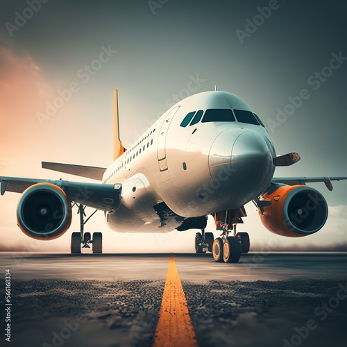 modern passenger plane on the runway directly fly travel vacation engine window clouds sky rolls pilot landing airport security yellow pavement close up zoom iron metal paved airstrip polishing wings