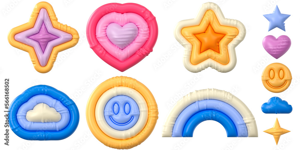 Set of groovy colorful stickers. Stars, heart, smile, cloud, rainbow. Inflated elements with plasticine effect. 3d rendering illustration.