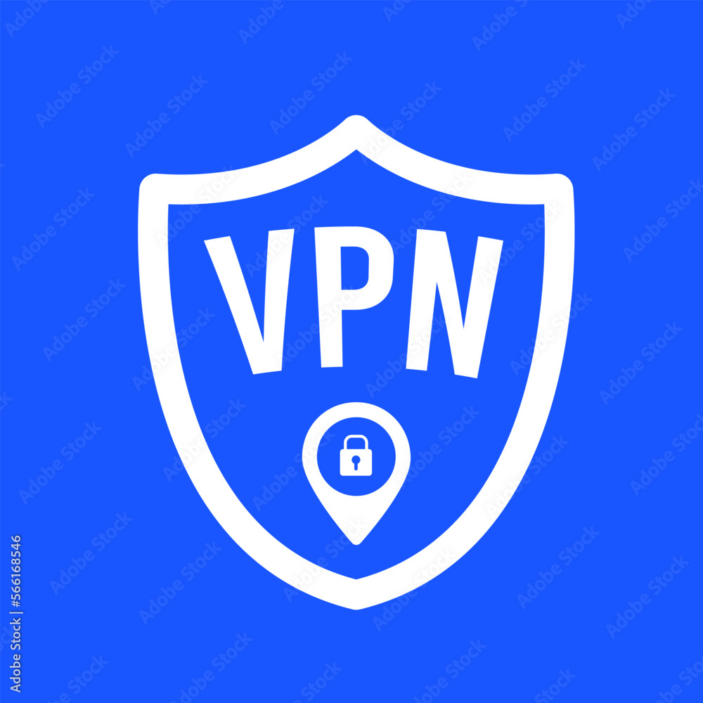 VPN vector icon concept: virtual private network service shield sign in a flat blue color, symbolizing secure and private internet access VPN vector icon concept: virtual private network service shield sign in a flat blue color, symbolizing secure and private internet access