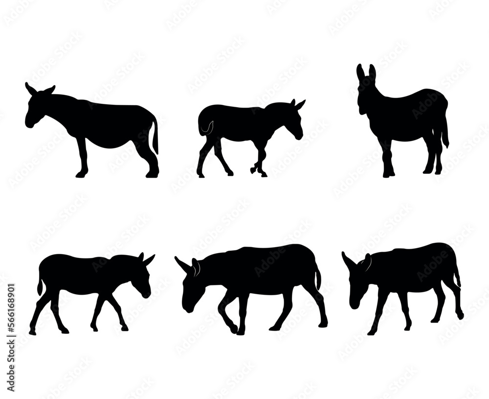 Collection of black silhouettes donkeys