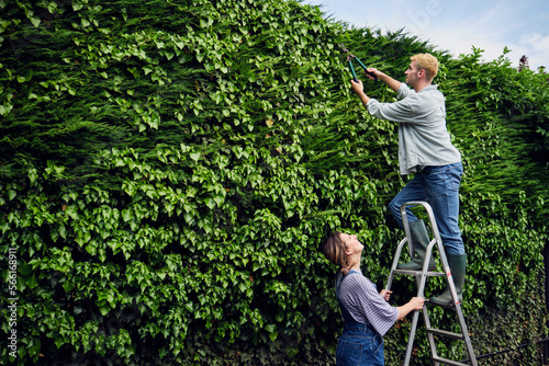 Woman supporting ladder with boyfriend pruning hedge