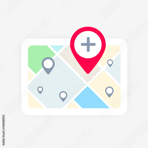 Local Search Listing concept. Map with local business search listing featuring map icon and red pin with add plus, representing convenience of searching and finding local businesses through mapping